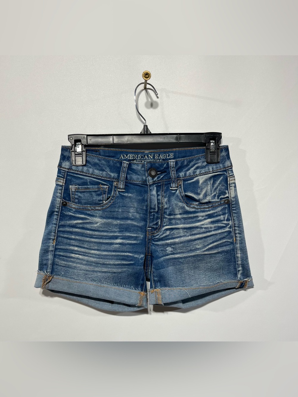 American Eagle Outfitters Distressed Blue Denim MIDI Cuffed Shorts Size 2